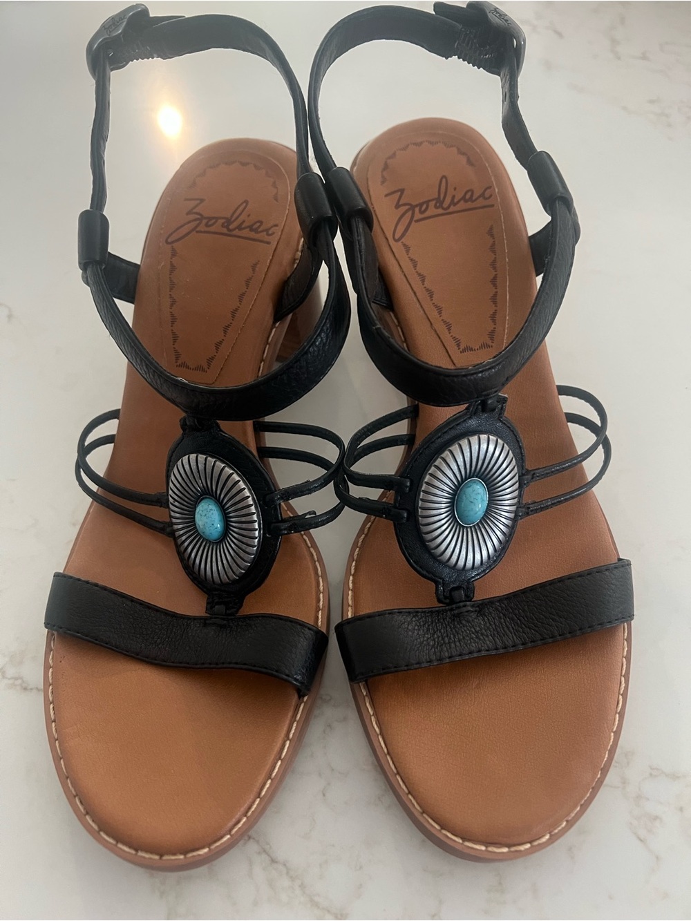 ZODIAC | Black Concho Ankle Strap Sandals Turquoise Accent Size 8